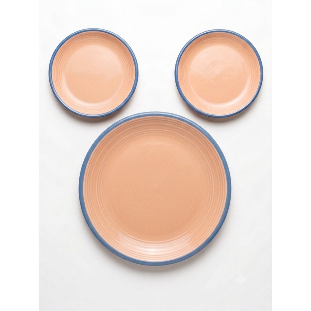 Vintage Rio Century Stoneware 3 Piece Plate Set Peach Blush Blue Rim Japan